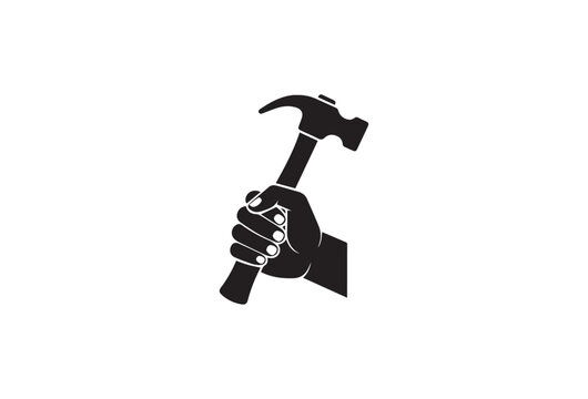 Hand holding hammer, grip strength, tool icon, black silhouette, construction symbol