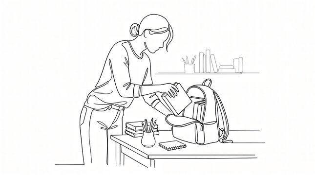 One Line Drawing of Student Packing Books into Backpack on Desk