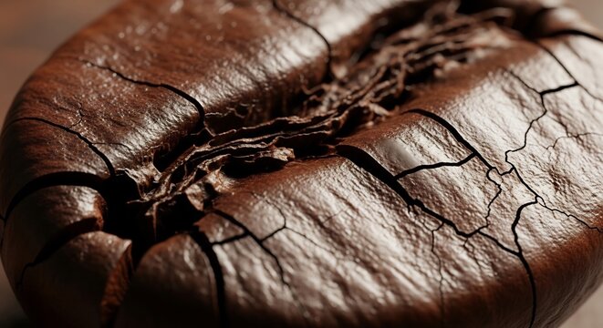 Extreme Close-up Macro Shot of a Single Roasted Coffee Bean with Detailed Texture.