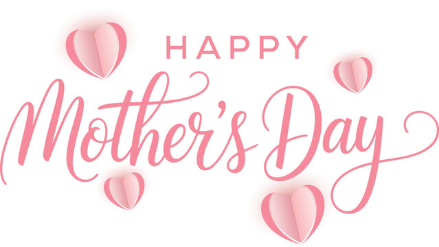 Elegant Pink Mother's Day Greeting with Cursive Lettering and Soft Paper Cut Hearts on White Background for Celebration Banner Graphics, Vector illustration. 