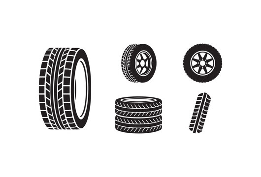 New stack of black rubber car tires and auto wheels with detailed tread isolated on a white background for vehicle transport