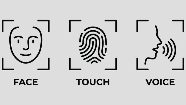 Biometric icon set. Face, fingerprint and voice recognition symbols for secure authentication vector. Modern identity scan for protected access indicator. Digital security concept pictogram.