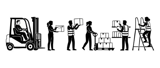 Obraz premium Warehouse Workers Forklift Logistics Icons Set, Distribution Center Personnel Loading Boxes, Scanning Inventory and Climbing Ladders for Supply Chain Management and Shipping Operations Black Silhouett