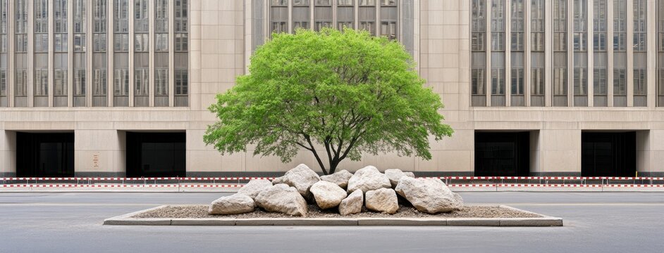 A small green tree stands resiliently behind construction tape, framed by rocks and dirt near a modern office building