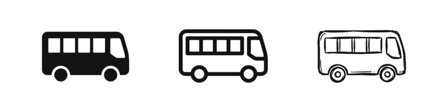 Public bus transport icon set, shuttle and city travel symbol in silhouette, monoline, and hand drawn styles