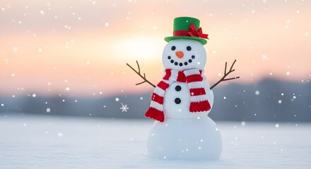 Fototapeta premium Snowman in winter with snowflakes