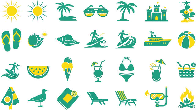Vibrant summer vacation icons a colorful collection for tropical getaways