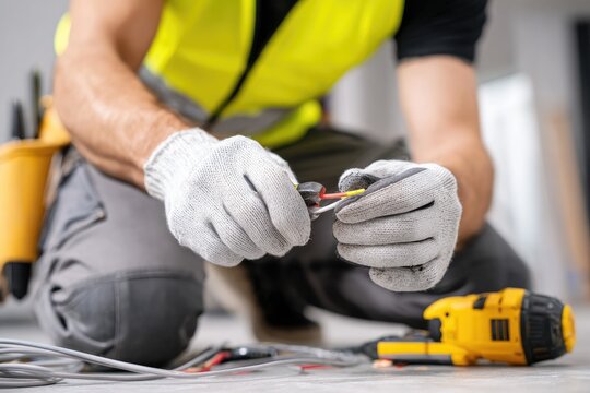 Electrician wearing gloves strips wire with pliers on construction site.