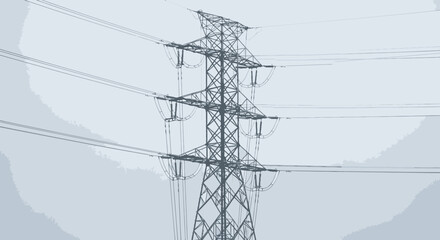 A high voltage electric power line pylon structure stands against a blue sky with steel cables and transmission wires delivering energy supply through industrial engineering technology © Pendi