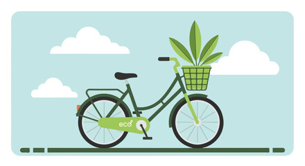 Fototapeta premium Eco-friendly green bicycle with a lush plant in its front basket, symbolizing sustainable transport, environmental care, and a healthy lifestyle. Flat vector illustration.