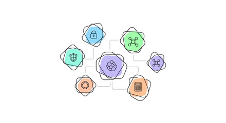 Abstract illustration of interconnected scientific and technological icons representing innovation and research. © rikyan