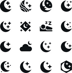 Fototapeta premium Restorative, sleep icons set featuring crescent moon and stars representing sleep practices and rituals designed for wellness branding, relaxation apps, and healthy lifestyle visual communication.