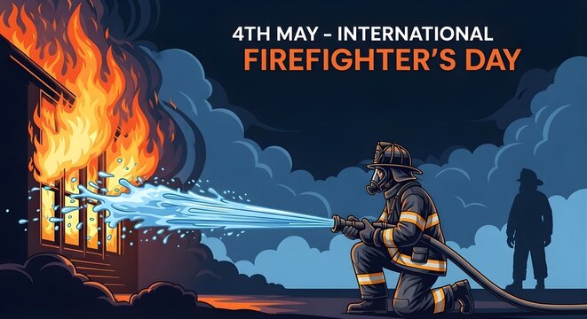 Stylized artistic illustration of firefighter kneeling before burning house for international firefighters day on may fourth showing bravery and determination to extinguish dangerous urban fires.