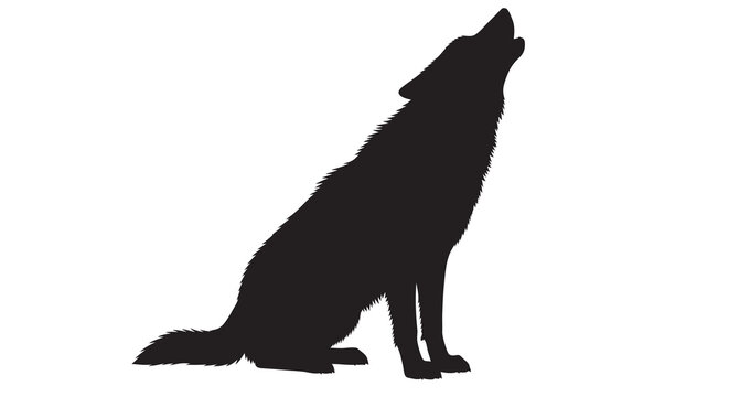 A silhouette of a grey wolf howling at the moon side view