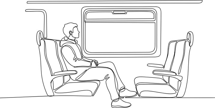 Man Sitting on Train, Looking Out Window, Minimalist Line Art
