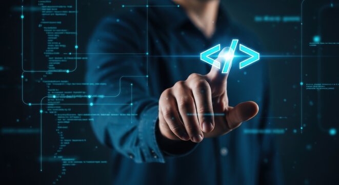 Software programming code concept, developer touching glowing digital script icon, futuristic web development and cybersecurity interface