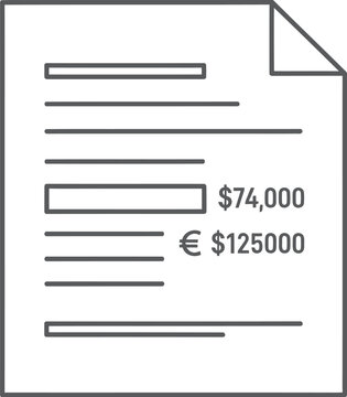 Document showing seventy four thousand dollars and one hundred twenty five thousand euros