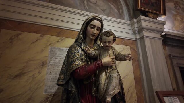 Statue Of Virgin Mary With Child Jesus In Rome Italy