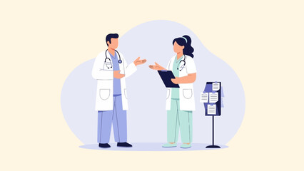 Obraz premium Two doctors in conversation, discussing medical information, flat illustration style