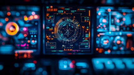 Fototapeta premium Futuristic command center dashboard with glowing holographic displays, complex digital interfaces, and intricate data visualizations, representing advanced technology and control systems.