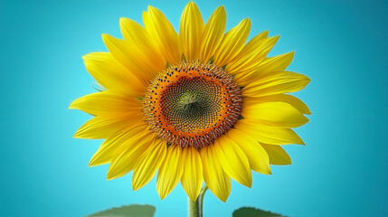 Obraz premium Vibrant, close-up view of solitary yellow sunflower in full bloom against clear, bright blue background, showcasing its intricate seed head and radiating petals in stunning detail and natural beauty.