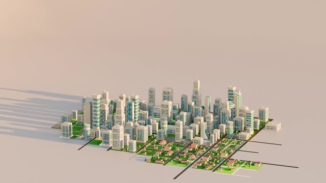 Minimalist low poly city, animation with reveal and turntable motion. Digital 3D render.