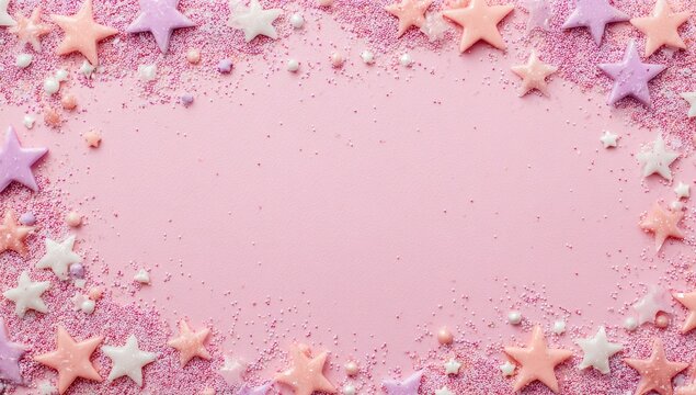 Festive Star Sprinkles Frame on Pink Background.