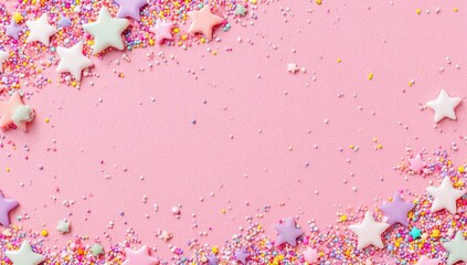 Naklejka premium Pink Background with Star Sprinkles and Confetti Border.