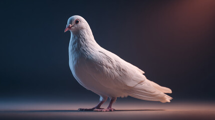 Obraz premium White pigeon stands on a dark surface with soft lighting highlighting its features