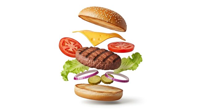 Exploded view burger with beef patty, lettuce, tomato, cheese, and bun isolated on white background