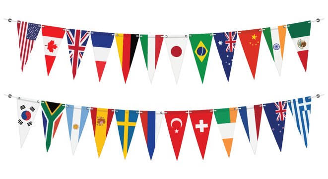 A string of pennant flags representing various nations around the world