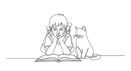 Obraz premium Continuous line drawing of a young girl reading a book with her cat sitting beside her