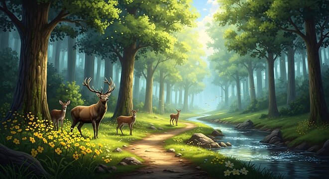 A serene forest scene with a flowing stream, a dirt path, and a group of deer standing among yellow wildflowers in the sunlight