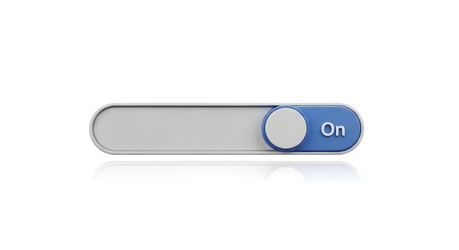 Modern power switch in on position with blue button isolated on white background