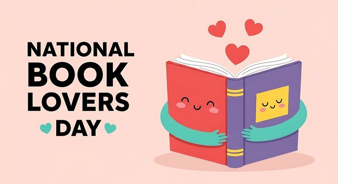 National book lovers day illustration with a cute cartoon book character hugging itself with hearts on a soft pink background