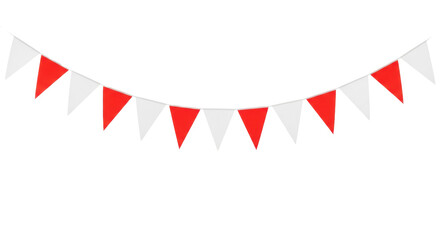 Fototapeta premium Perfectly composed horizontal string of vibrant red and white triangular pennant flags on a taut rope, isolated on a seamless transparent studio background with ample copy space. Concept for festive