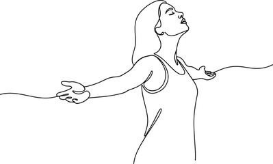 Obraz premium Woman with open arms, head tilted back, embracing freedom and joy in a minimalist line drawing.