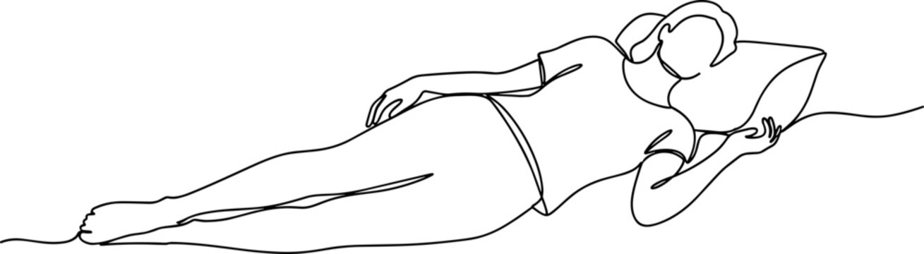 Minimalist line art of a person sleeping on their side on a pillow, relaxed pose