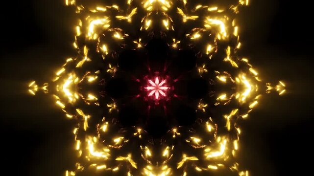 Abstract Kaleidoscopic Light Show with Fiery Red and Gold Patterns.