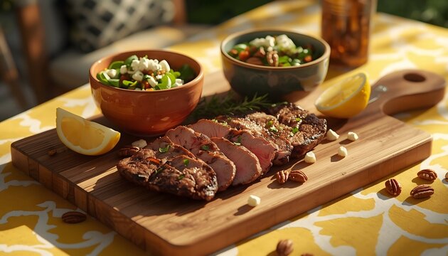 Sliced steak with vibrant salad and citrus on a wooden cutting board