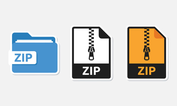 ZIP file folder icons set, compressed archive document symbols, digital data storage concept, modern flat vector design for file management systems