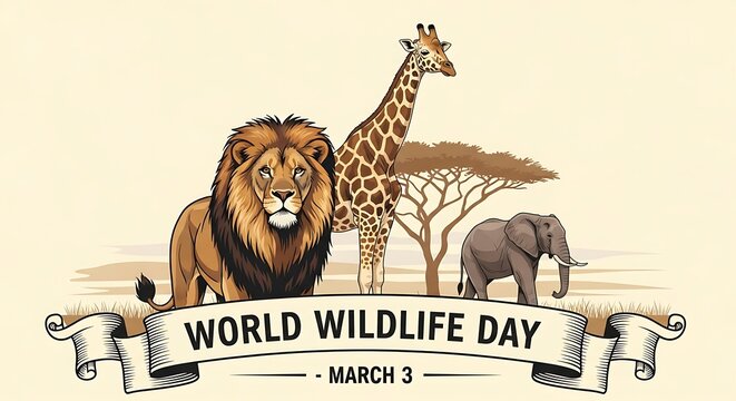 World wildlife day celebration banner with african animals including a lion, giraffe, and elephant in a savanna landscape