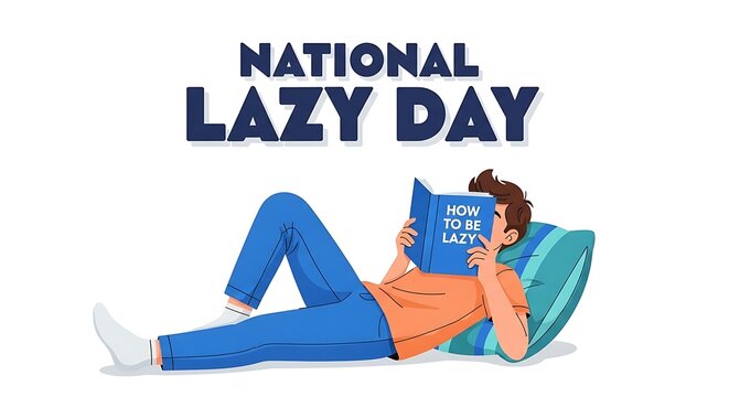 National lazy day illustration with a man lying down reading a book titled how to be lazy isolated on white background