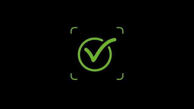 Green check mark verification icon with scanning frame over a transparent alpha channel background. Professional biometric authentication symbol for video overlays and digital security interface desig