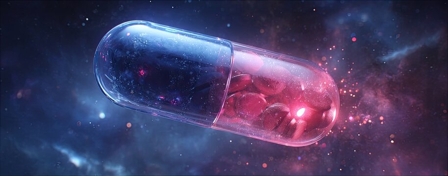 Futuristic Blue and Red Pill Floating in Cosmic Nebula with Glowing Particles.
