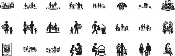Obraz premium Family silhouette icons representing daily household chores and routines