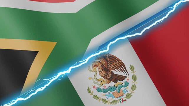 Two waving flags South Africa and Mexico with diagonal lightning seamless, 4k loop