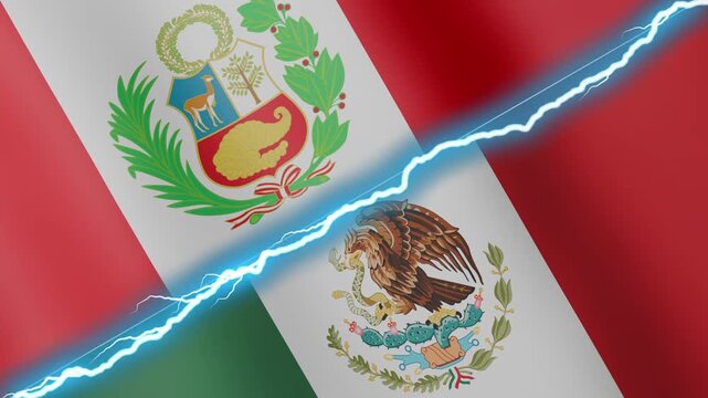 Two waving flags Peru and Mexico with diagonal lightning seamless, 4k loop