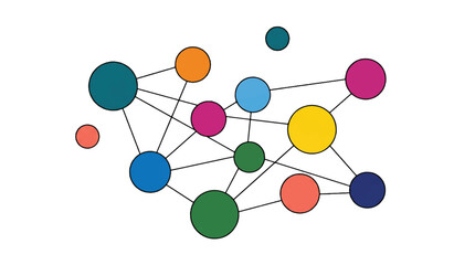 Obraz premium Colorful network connection diagram featuring interconnected circles and lines representing data communication infrastructure and abstract global connectivity systems