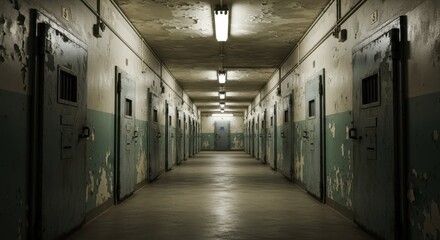 Abandoned prison corridor with cell doors and dim lighting
